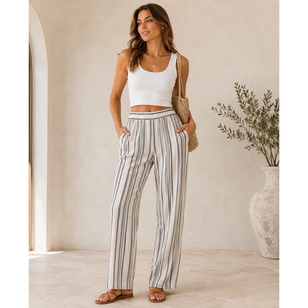 Ellen Tracy Linen Blend Pants Women 12 Striped Pull On Straight Leg Beige Black